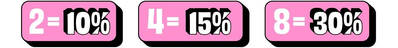 Tableau de remises Eraser Buddies OMY : 2 achetés = -10%, 4 achetés = -15%, 8 achetés = -30%
