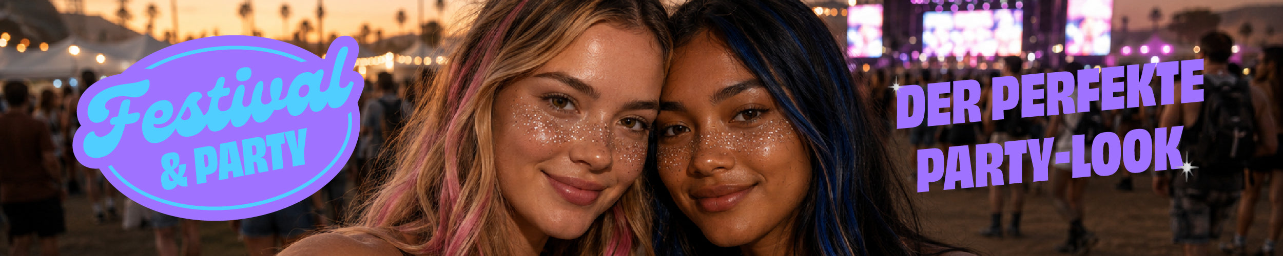 Festival & Party OMY Banner – Zwei Frauen mit Glitter-Make-up beim Festival, Text "Der perfekte Party-Look"