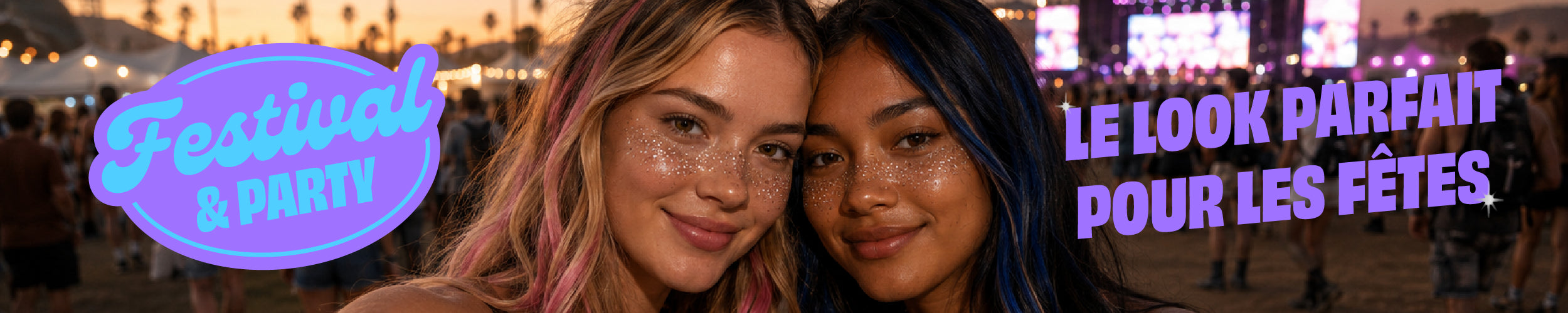 Bannière Festival & Party OMY – Deux femmes avec maquillage pailleté au festival, texte "Le look parfait pour les fêtes"