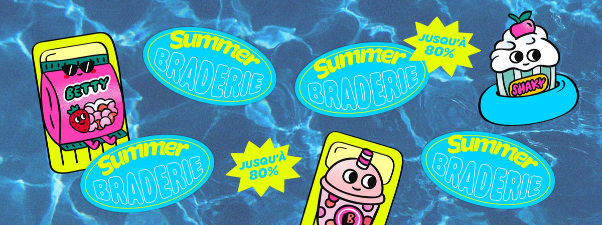 Summer Braderie OMY jusqu'à -80 % : personnages OMY Buddies Betty, Shaky et Bubble en vacances dans une piscine