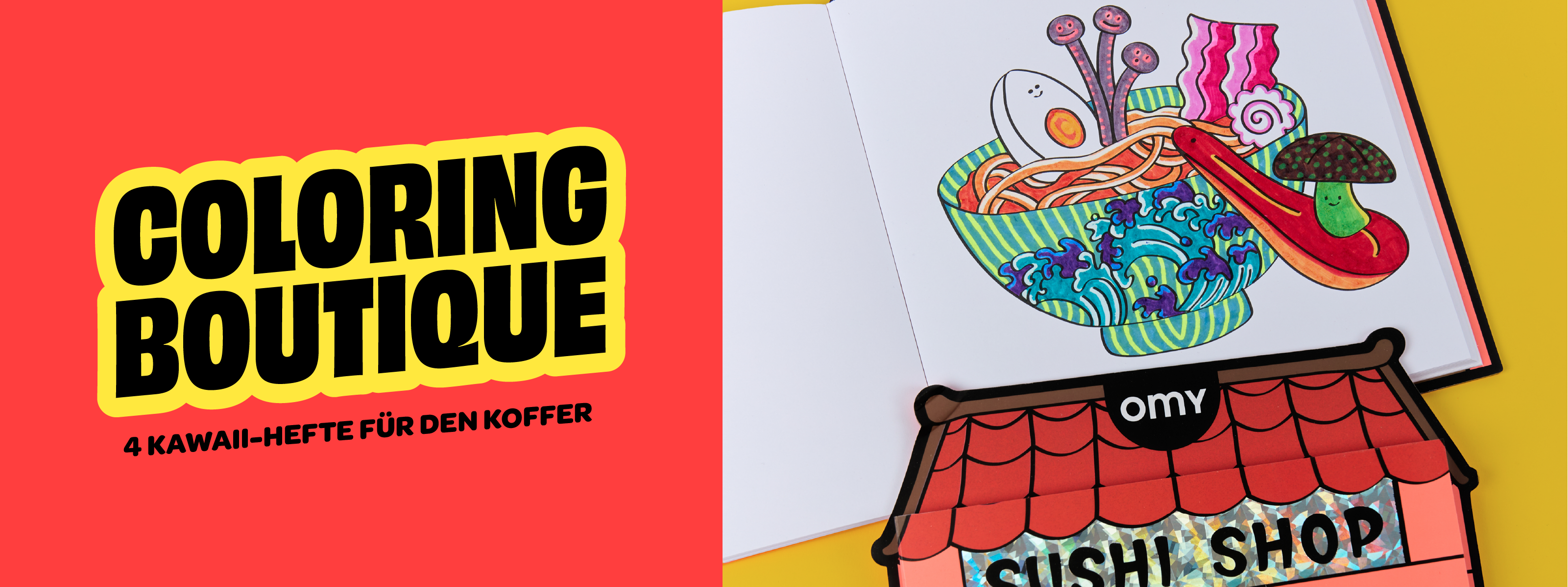 Coloring Boutique Sushi Shop und ausgemalte Ramen-Illustration.