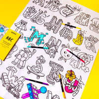 Close-up of the ABC poster – details of letter illustrations and funny characters to color.