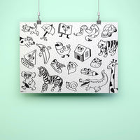 Giant coloring poster hung on the wall, playful illustrations to spark creativity in toddlers
