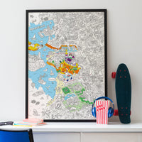 Póster gigante OMY Marsella para colorear enmarcado en una habitación infantil moderna