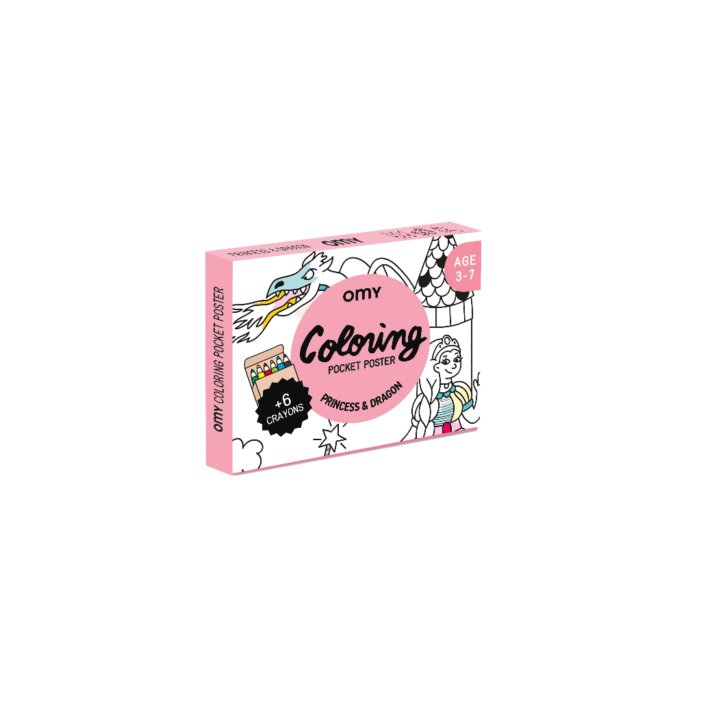 Coffret Coloring Pocket Poster Princess & Dragon OMY : poster à colorier et 6 crayons, 3-7 ans, sur fond blanc