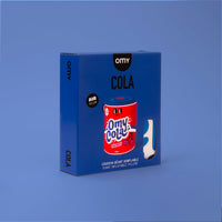 Packaging du coussin gonflable OMY Cola – Boîte bleue au design pop
