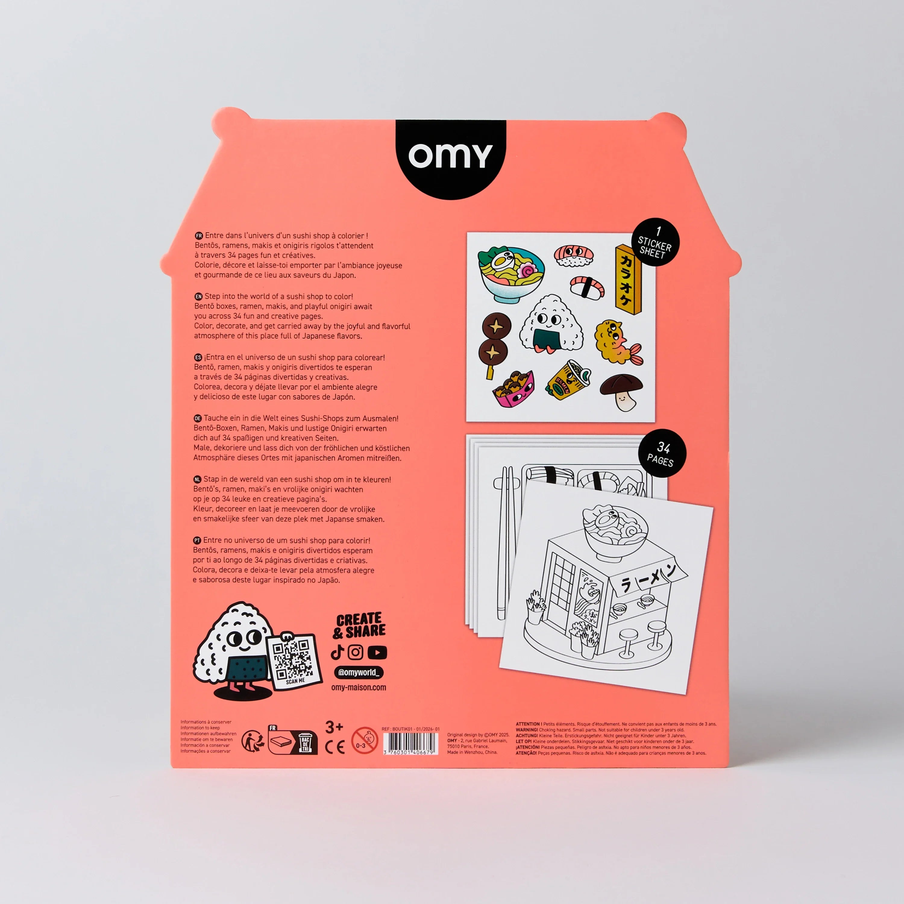 Back of the packaging showing the features of the OMY “Sushi Shop” coloring shop.
