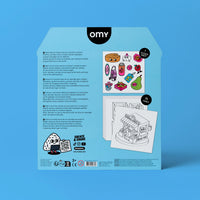 Back of the packaging showing the features of the OMY “Farmer’s Market” coloring shop.