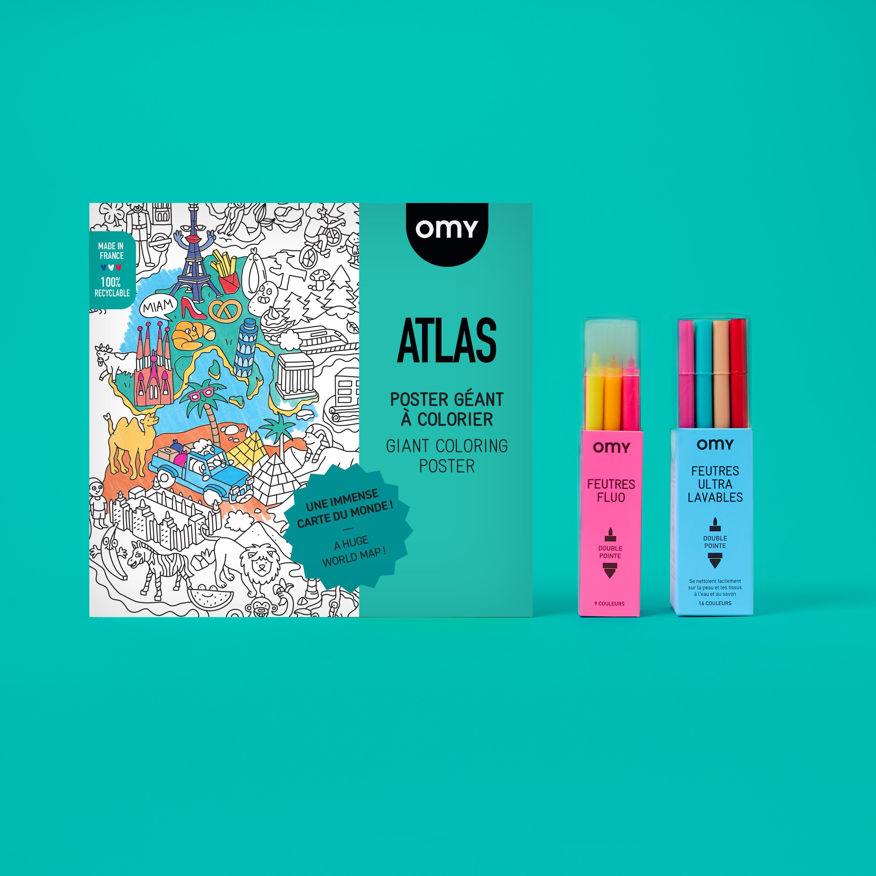 Pack Basic Box OMY avec poster géant Atlas à colorier et feutres fluo, kit créatif pour enfants sur fond turquoise.