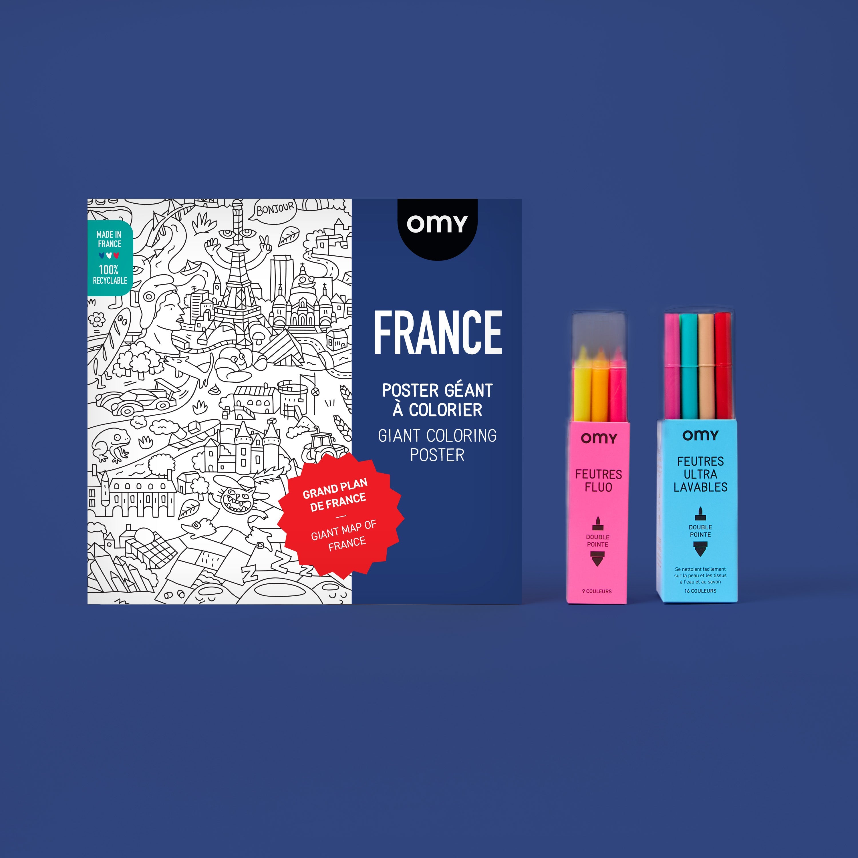 Box de coloriage OMY France avec cartes illustrées des régions françaises, monuments et traditions locales.