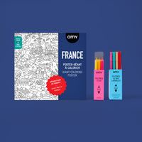 Scatola da colorare OMY Francia con carte illustrate delle regioni francesi, monumenti e tradizioni locali.
