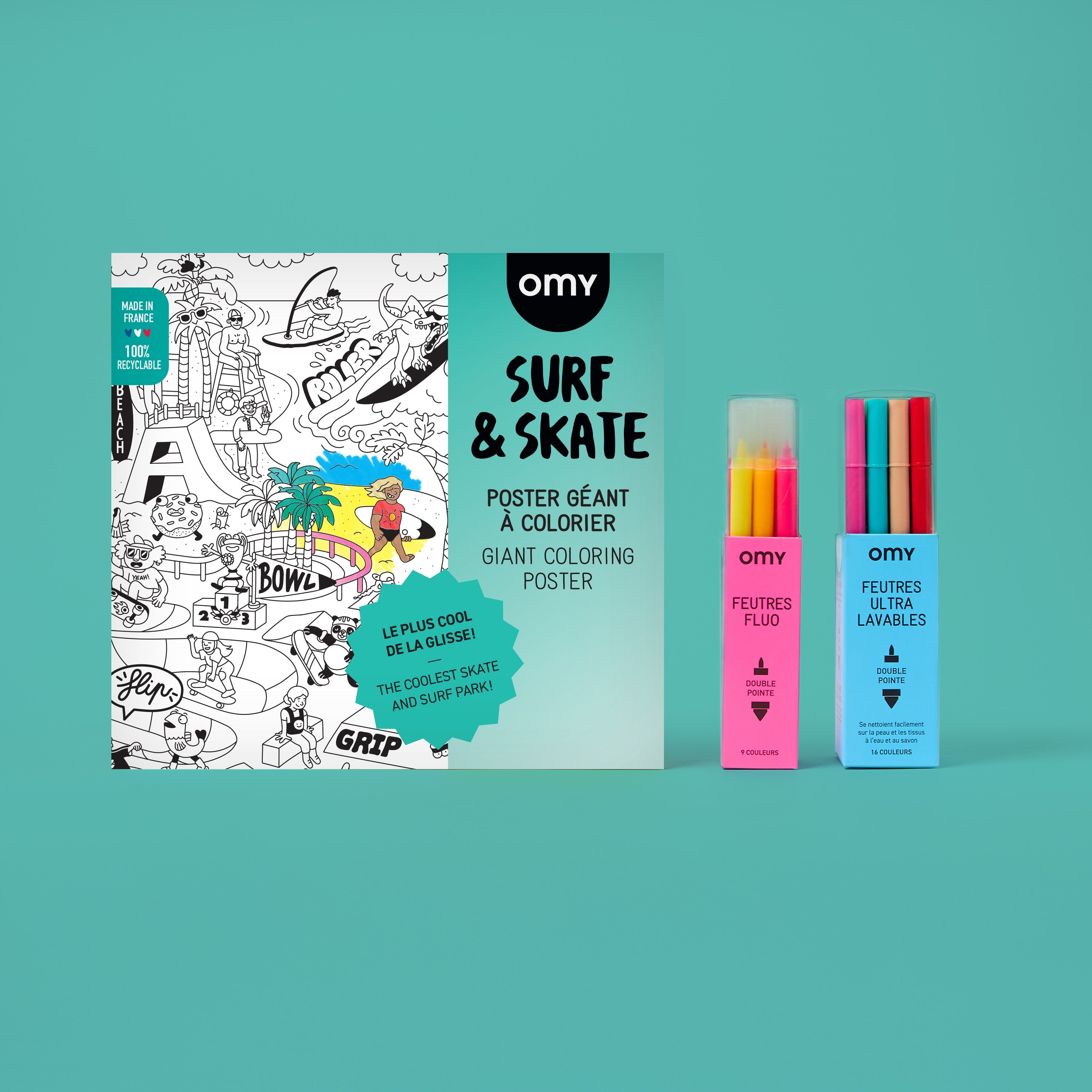 Box de coloriage OMY Surf & Skate avec illustrations de planches et sports urbains pour enfants créatifs.