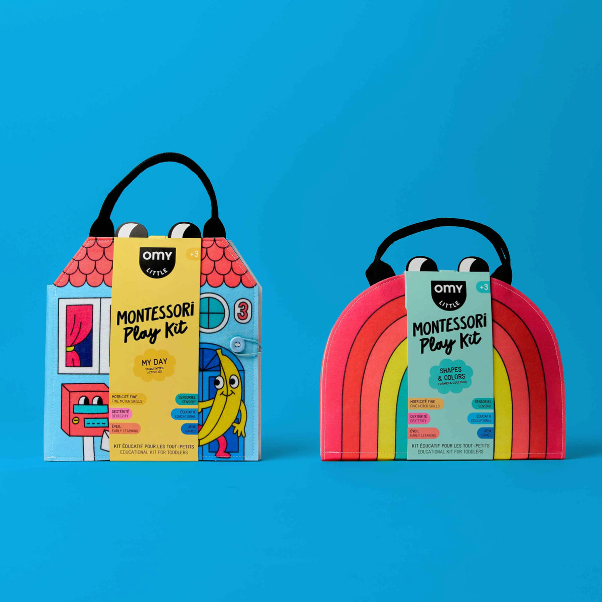 Two Montessori educational kits for children with handles, one illustrated as a house and the other in rainbow colors, designed to teach shapes and everyday life.
