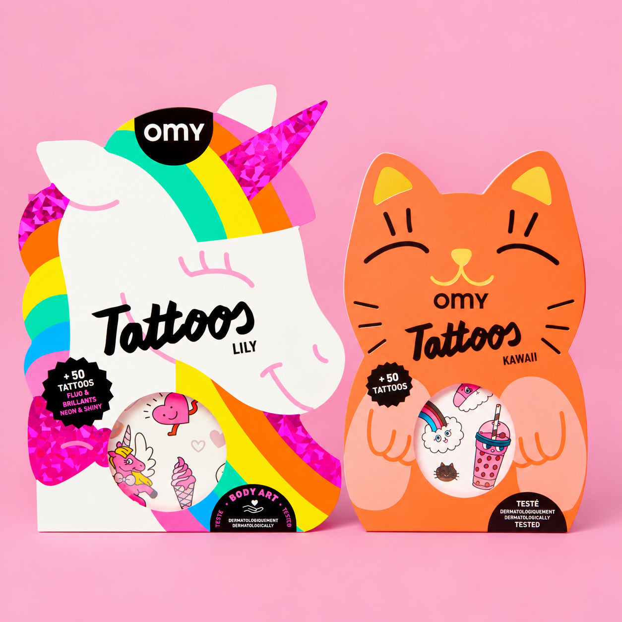 Boîtes de tatouages éphémères OMY Lily licorne arc-en-ciel et Kawaii chat orange, plus de 50 tattoos chacune