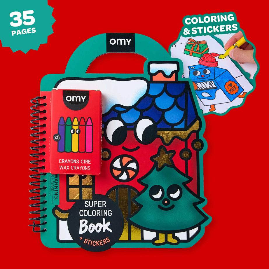 Super Coloring Book Christmas OMY with 35 pages, stickers and 5 wax crayons for coloring Christmas illustrations.