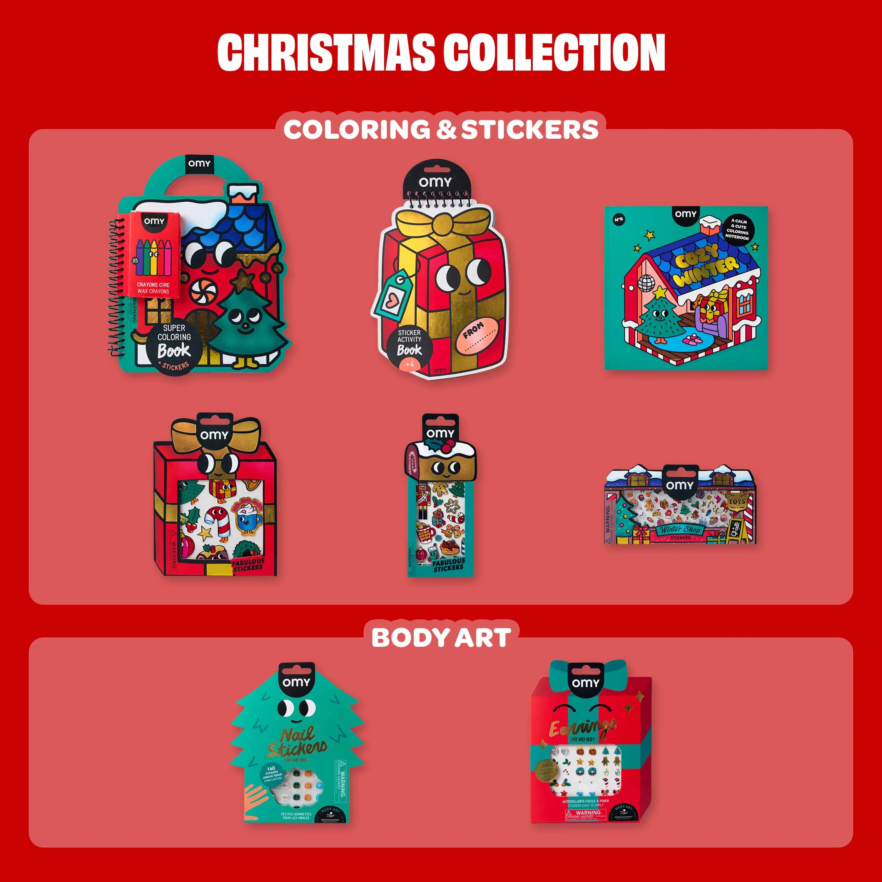 Collezione natalizia OMY con attività creative, libri di sticker, disegni da colorare e accessori Body Art festivi.