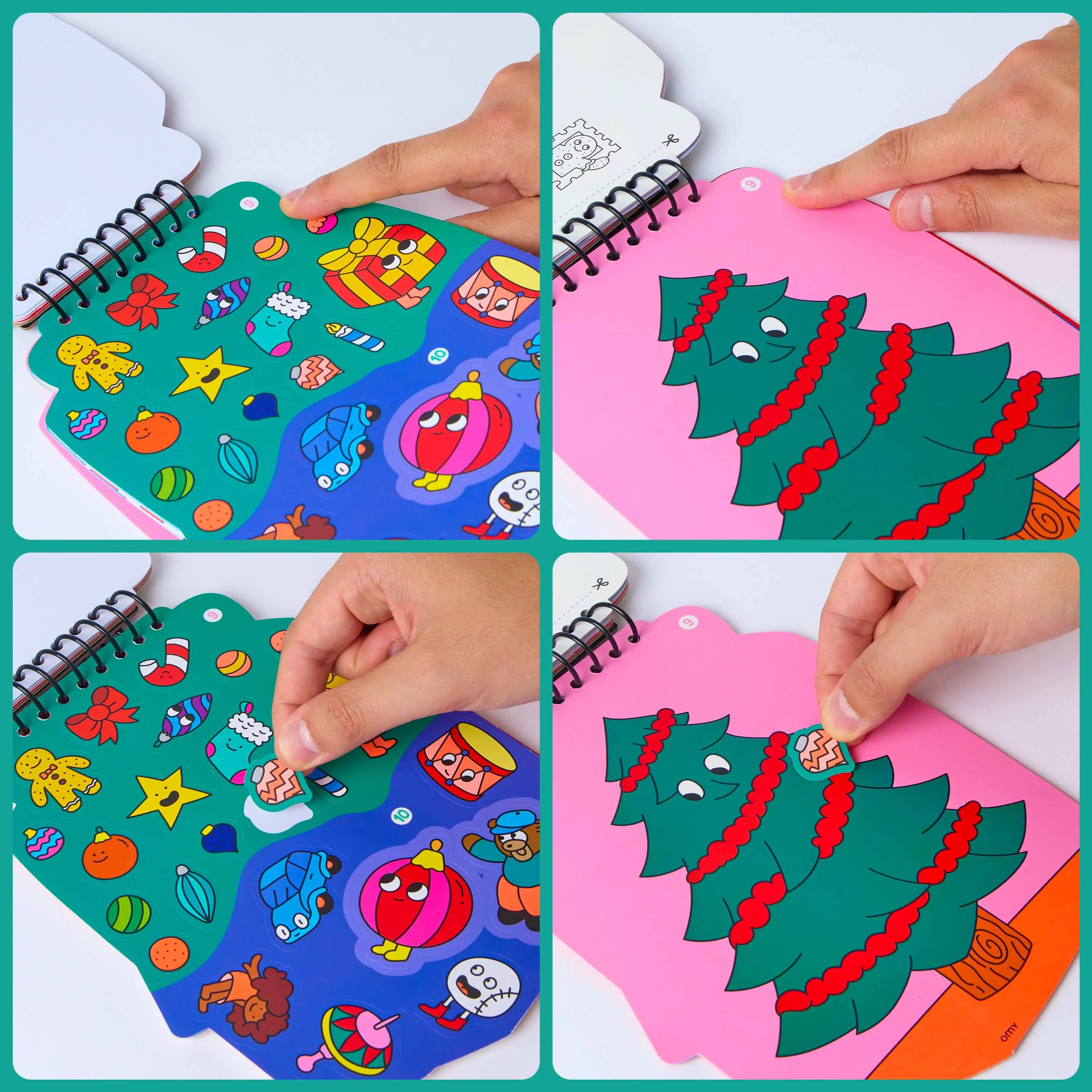 Étapes pour décorer un sapin de Noël avec les stickers repositionnables du Sticker Activity Book OMY.