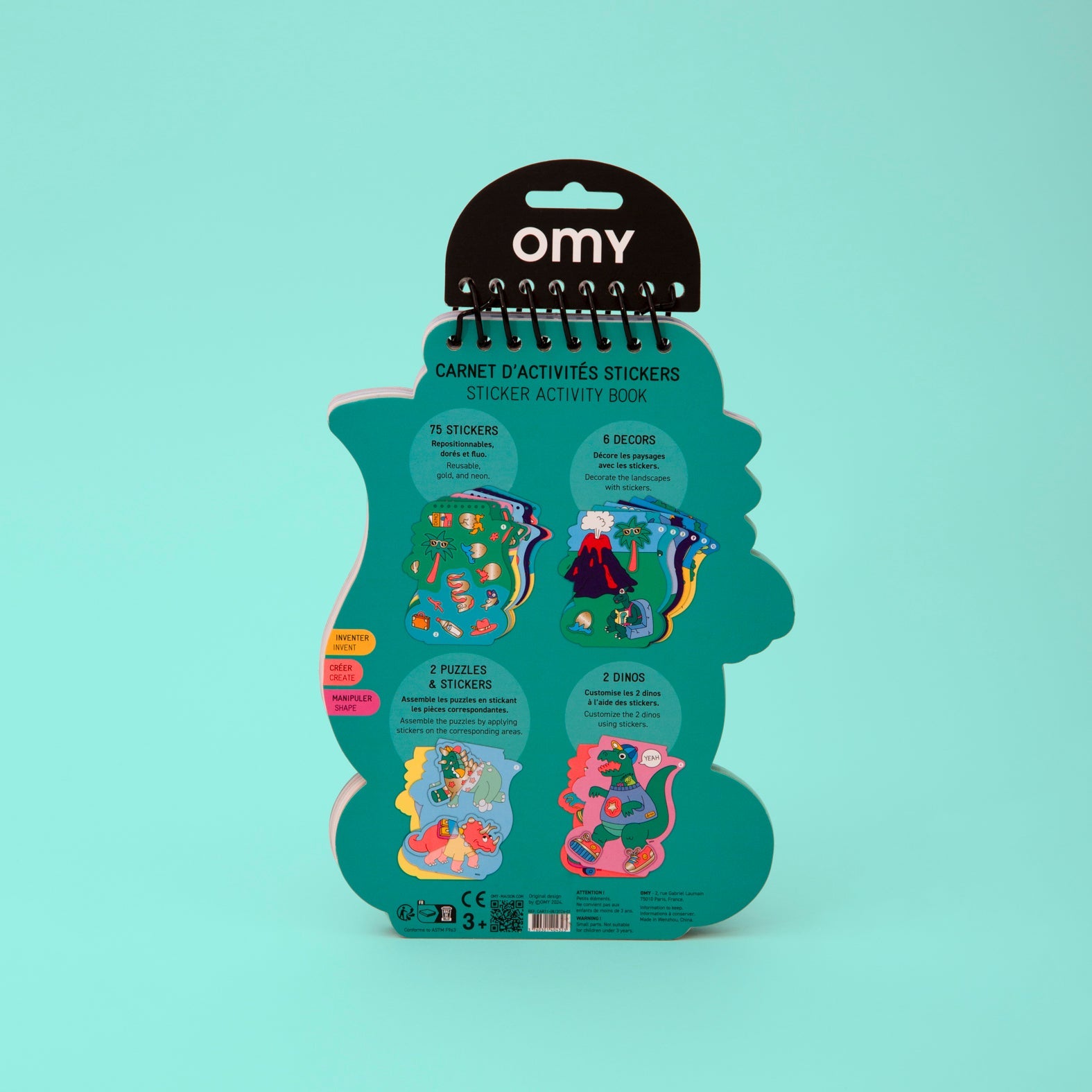 Back of the Dino OMY sticker activity book, ages 3 and up: 75 stickers, 6 scenes, 2 puzzles and 2 dinosaurs to decorate.