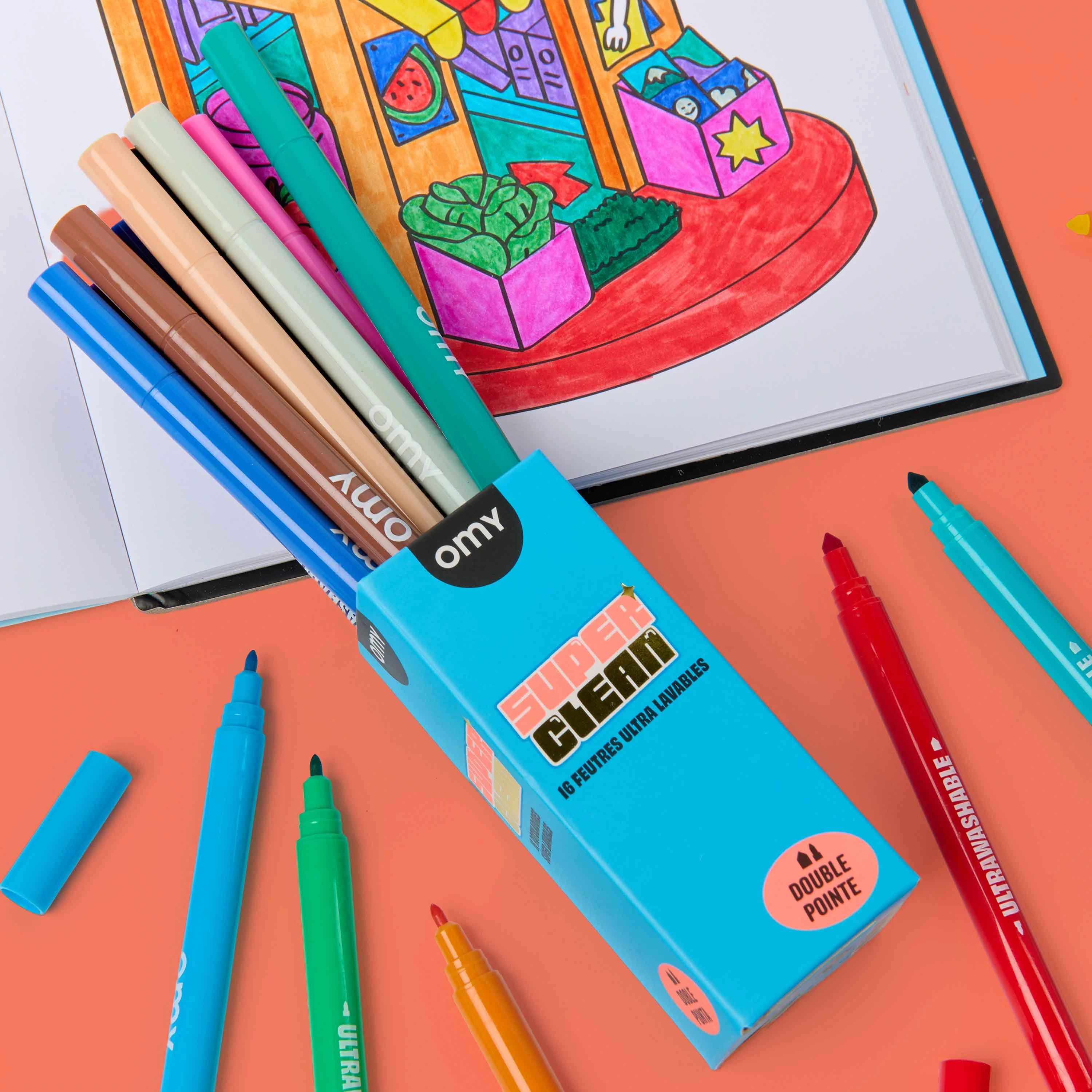 Feutres Super Clean OMY utilisés pour dessiner et colorier.