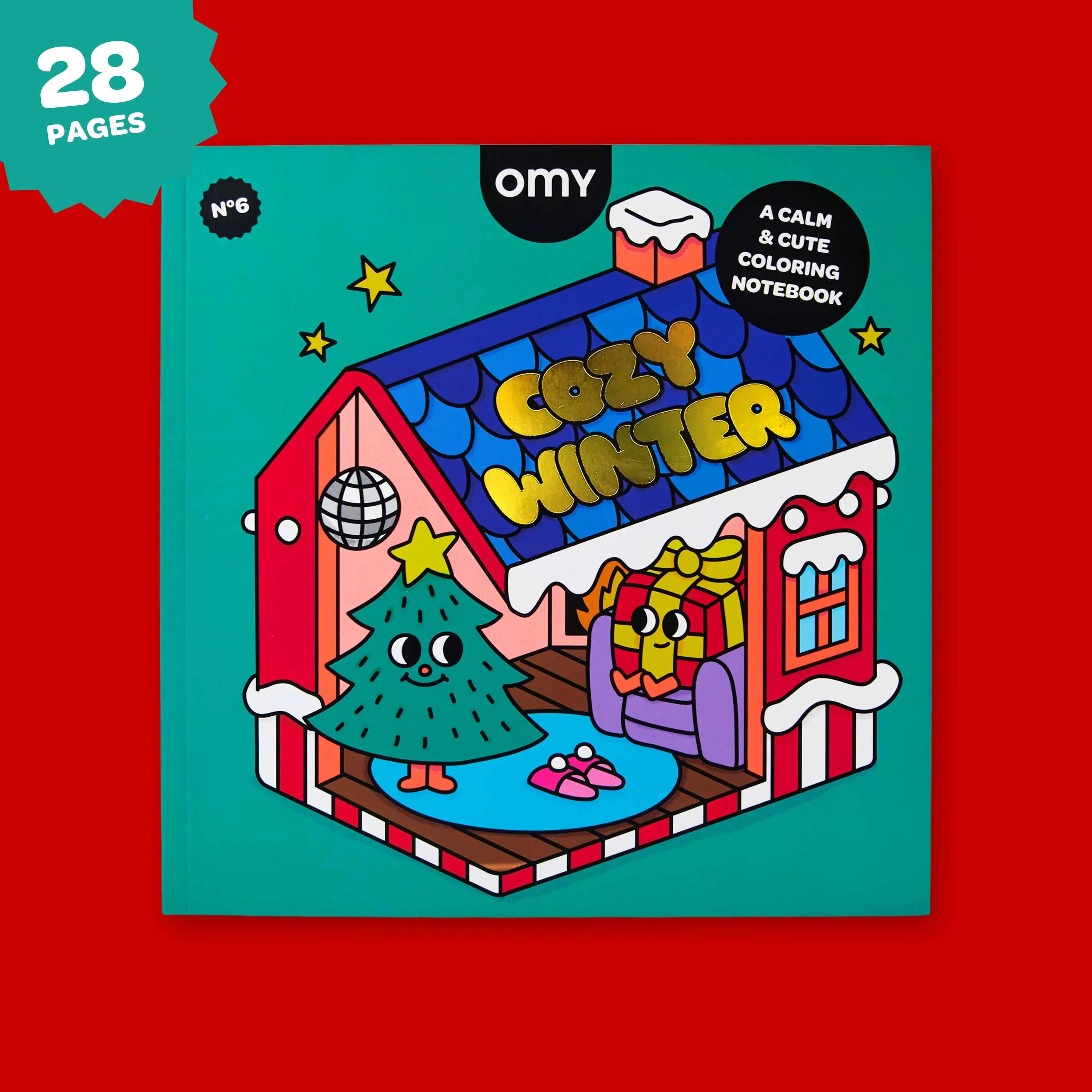 Carnet de coloriage Cozy Art Christmas OMY de 28 pages, illustré d’une maison festive et de personnages de Noël.