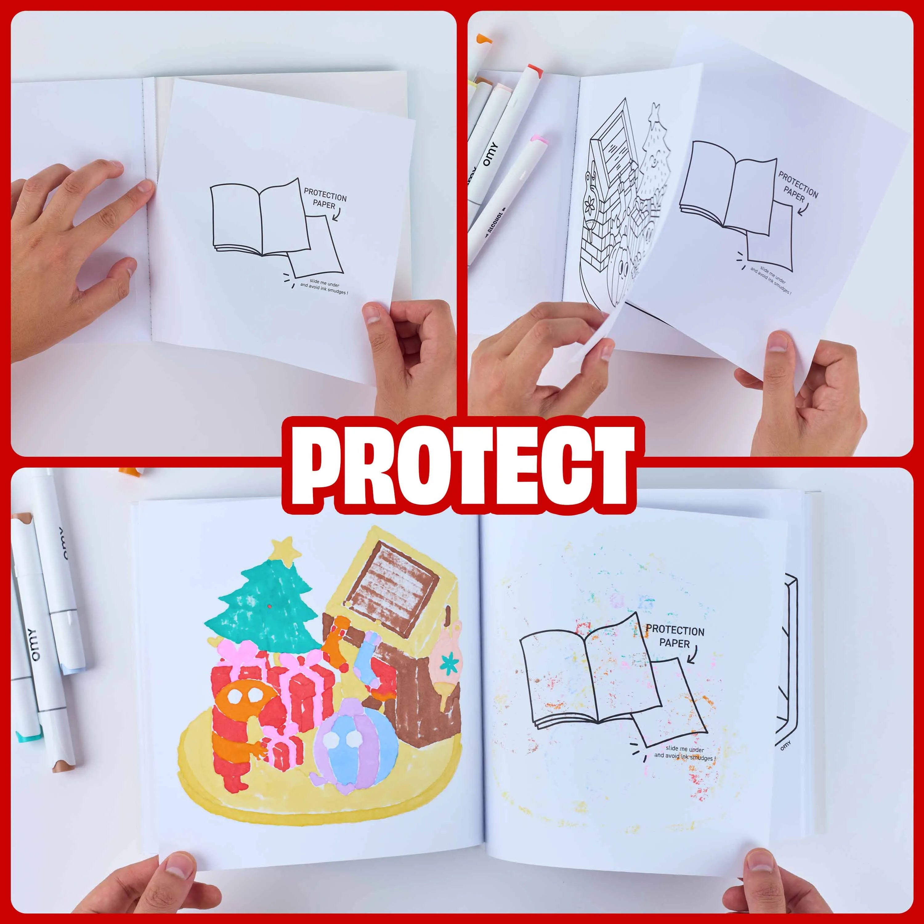 Quaderno Cozy Art Christmas OMY con foglio protettivo per evitare il passaggio dei pennarelli tra le pagine.
