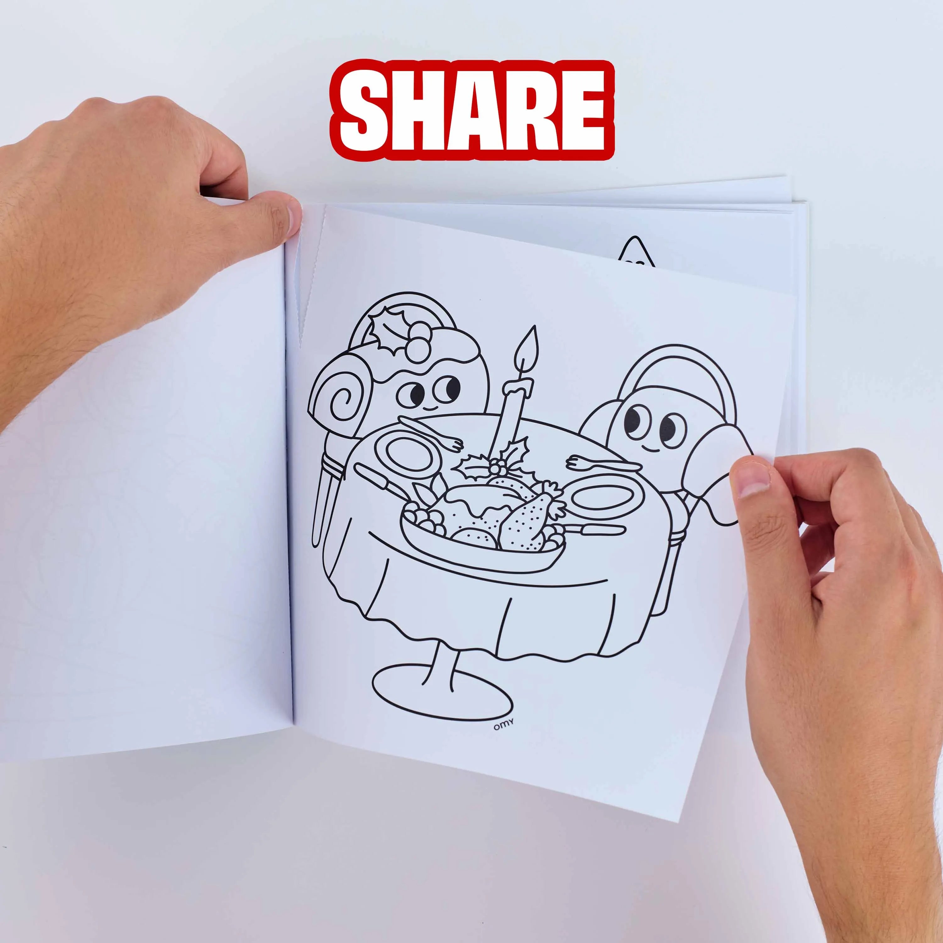 Pagina da colorare staccabile dal quaderno Cozy Art Christmas OMY con un pasto natalizio da condividere.
