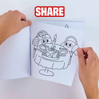 Pagina da colorare staccabile dal quaderno Cozy Art Christmas OMY con un pasto natalizio da condividere.