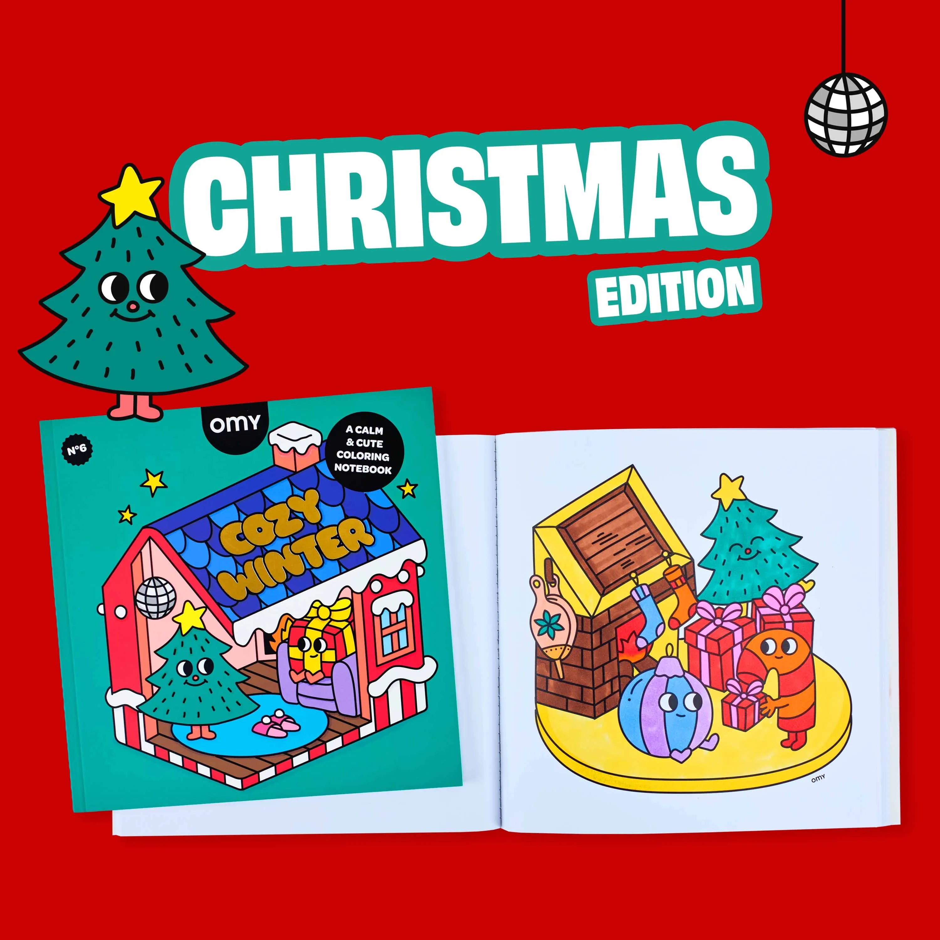 Cozy Art Christmas OMY, carnet de coloriage spécial Noël avec illustrations festives et colorées.