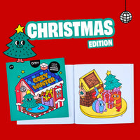 Quaderno da colorare Cozy Art Christmas OMY con illustrazioni natalizie festose e colorate.