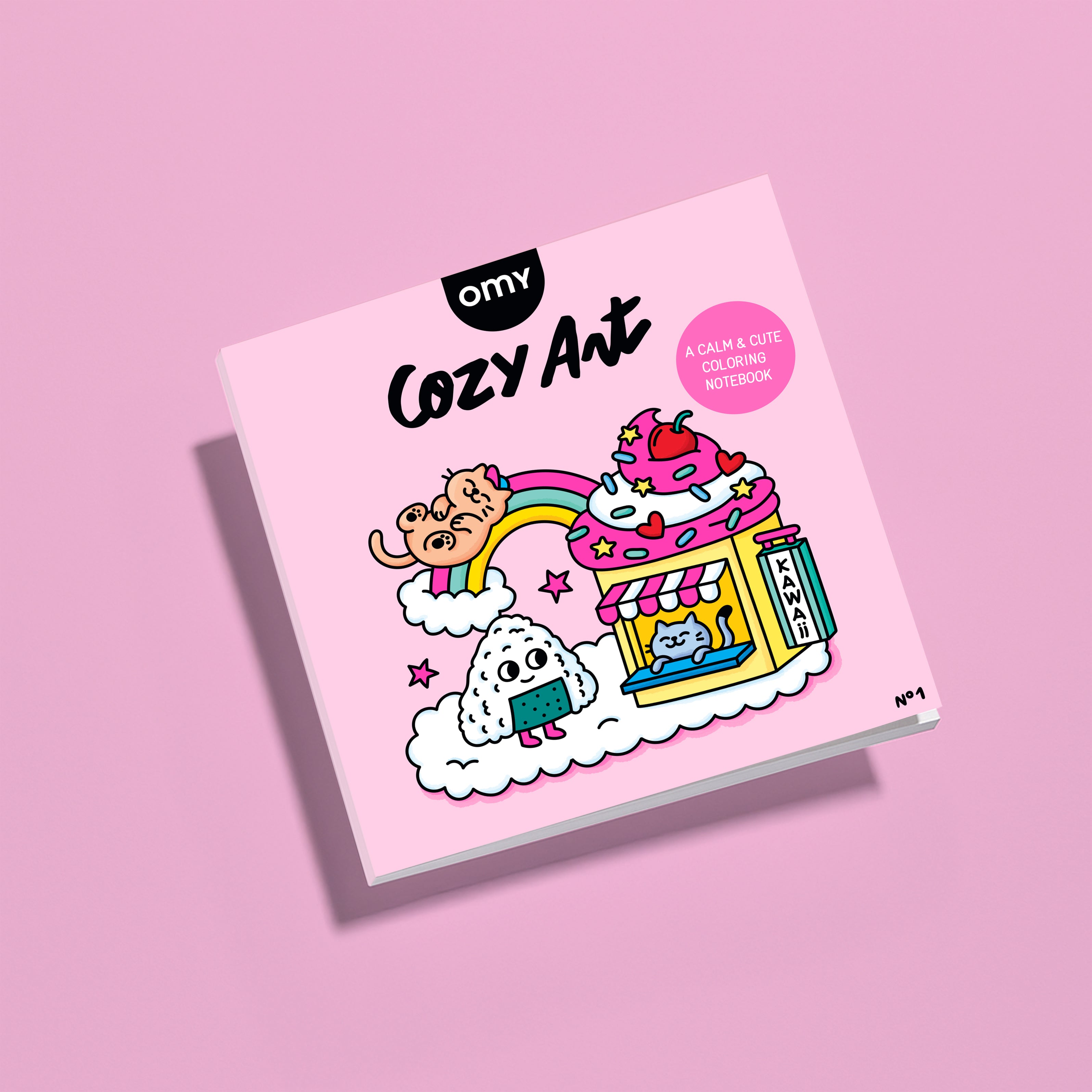 Cahier de coloriage OMY Cozy Art Kawaii – couverture rose illustrée avec des personnages mignons, une pâtisserie kawaii, un nuage souriant, un arc-en-ciel et des animaux adorables – carnet de coloriage apaisant pour enfants et adultes