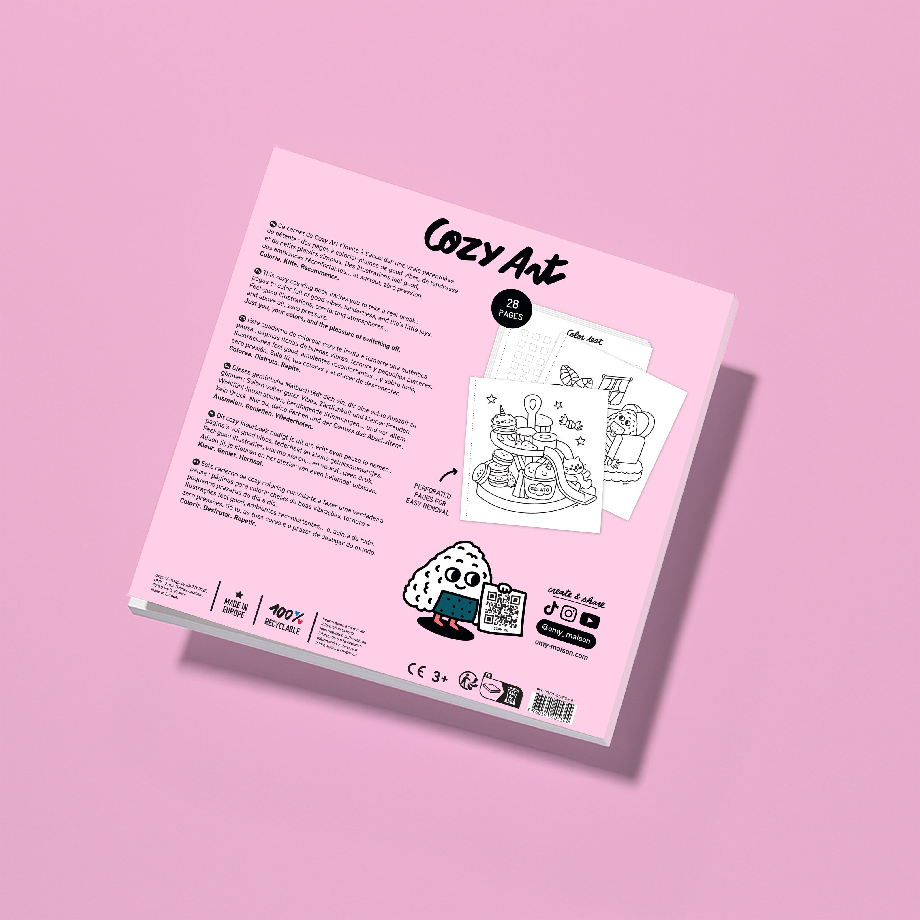Dos du cahier de coloriage OMY Cozy Art Kawaii – description du produit en français et autres langues, illustrations intérieures en noir et blanc détachables, mascotte adorable, pictogrammes d'impression, mention "Made in France" et visuels feel good – carnet créatif et apaisant 100% recyclable pour enfants et adultes