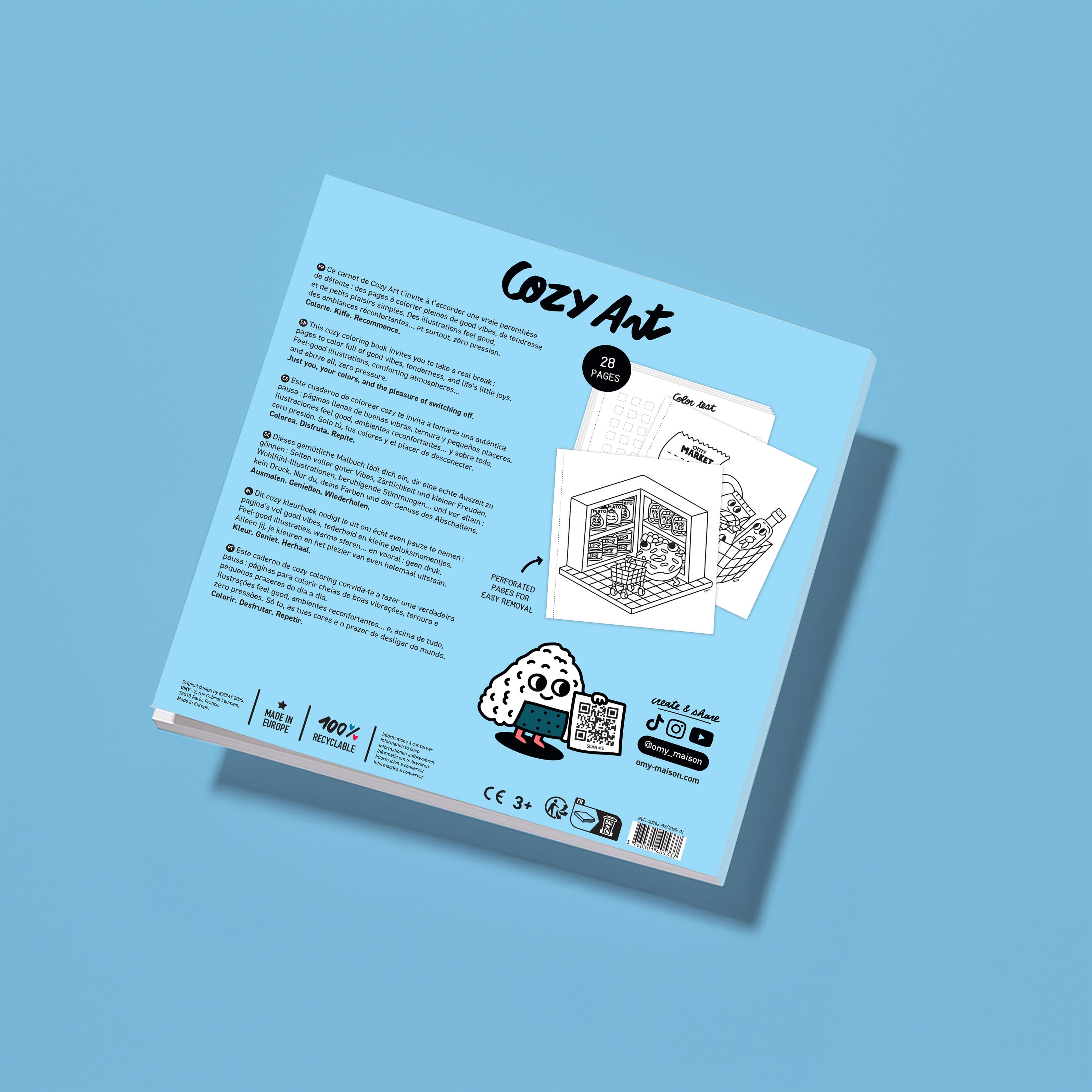Back of the OMY Cozy Art Supermarket coloring book, 28 tear-out pages to color, designed in Paris, black and white illustration of kawaii supermarket scenes, product details in French and English, OMY logo, QR code, recyclable pictograms, made in Europe coloring book for children and adults, ages 3 and up