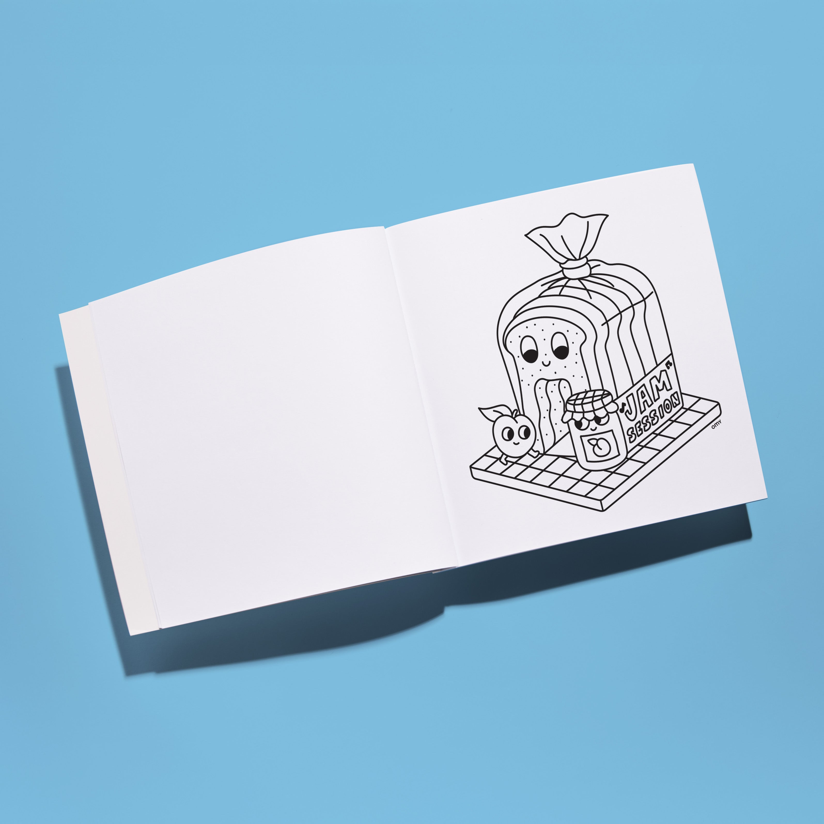 Coloring page from the OMY Cozy Art Supermarket coloring book, black and white illustration of a kawaii slice of sandwich bread with a jar of jam, an apple and a kitchen setting, creative and stress-relieving activity for children and adults, playful, simple and tear-out illustration