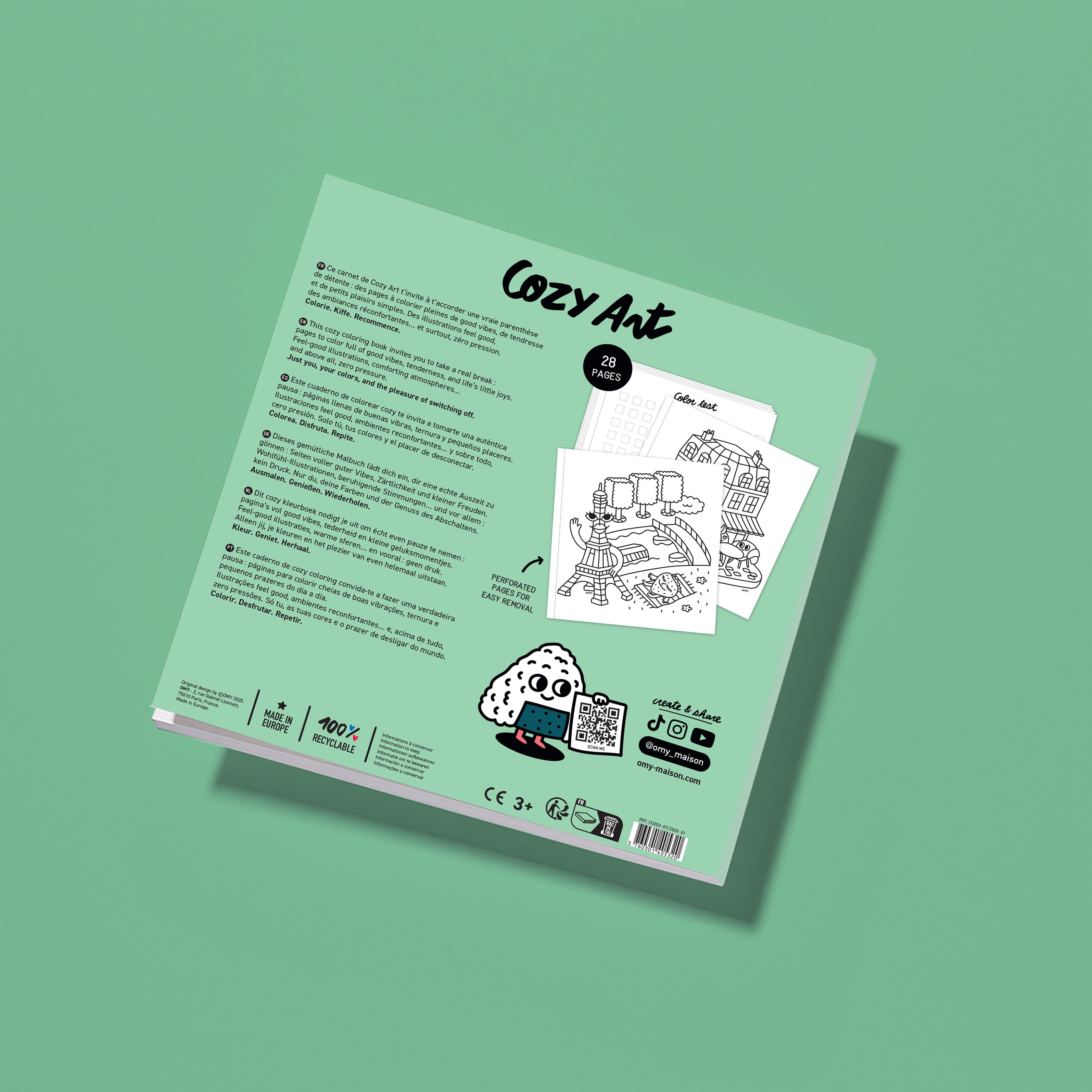 Achterkant van het kleurboek OMY Cozy Art Paris, met de uitscheurbare pagina's, voorbeelden van illustraties om in te kleuren, meertalige productbeschrijving, een creatief en rustgevend product voor kinderen en volwassenen