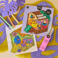 Tiny House OMY coloring book with pastel markers and a cozy illustration, a creative notebook for a moment of relaxation