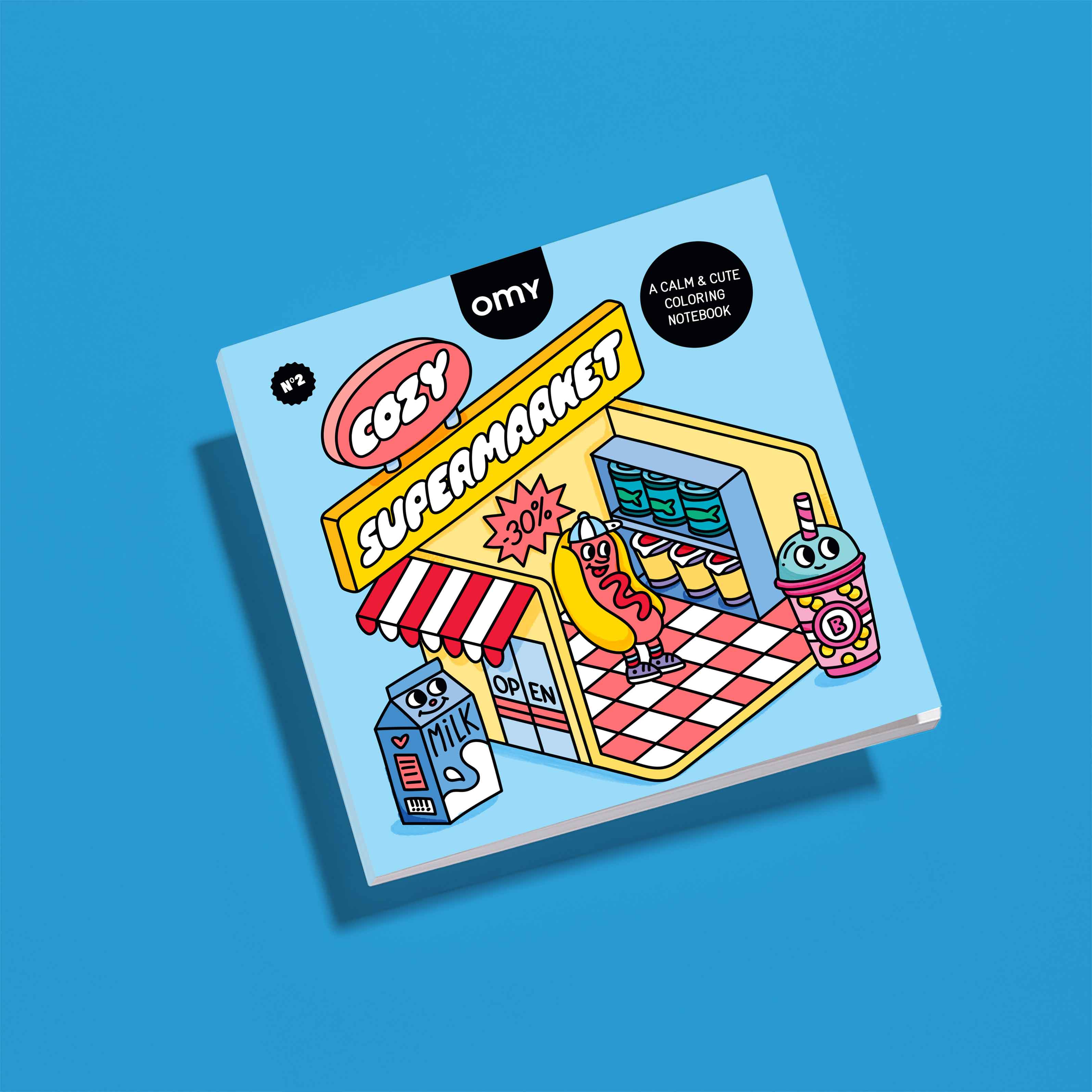 Cuaderno para colorear OMY Cozy Art Supermarket con una divertida ilustración de supermercado, personajes icónicos y objetos cotidianos para colorear