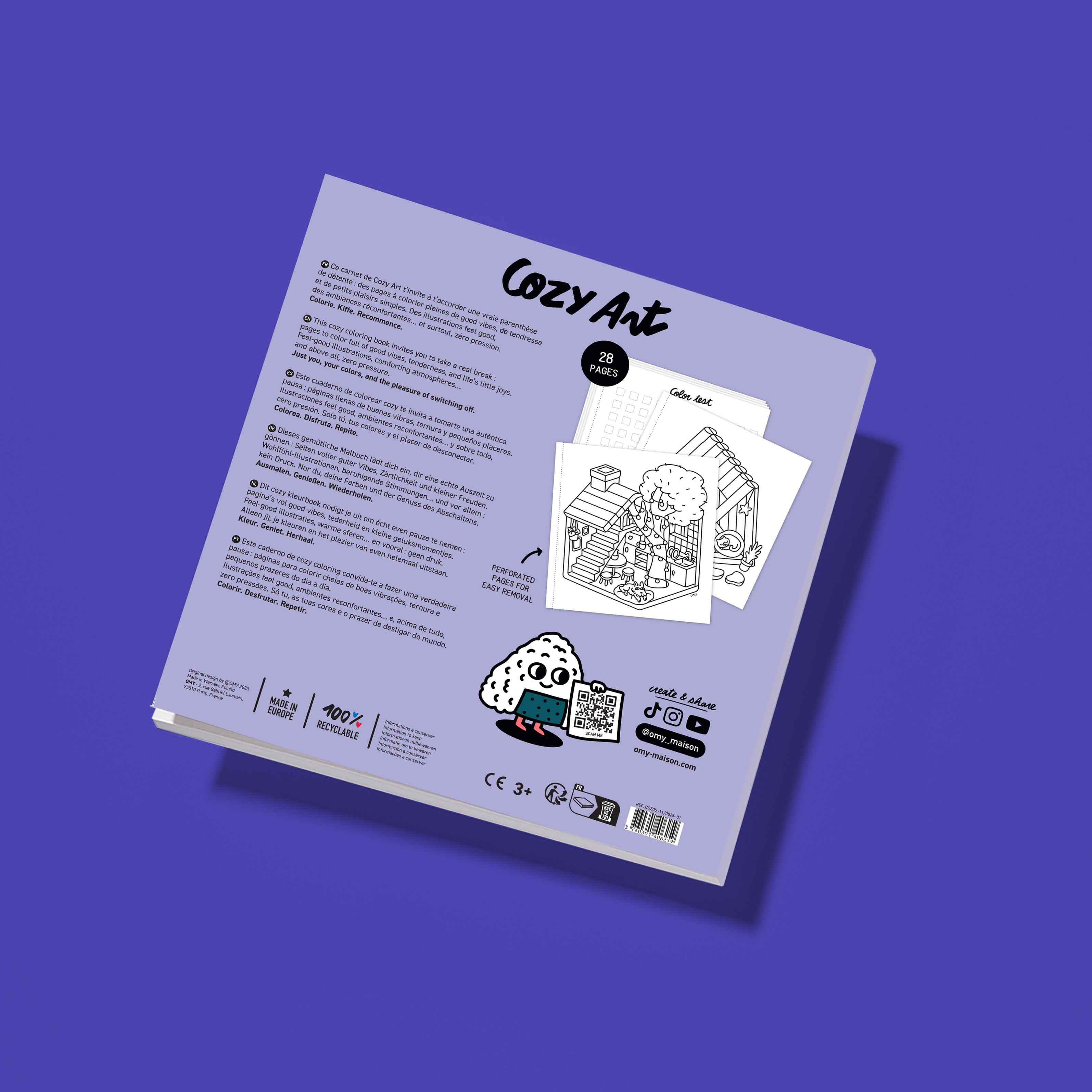 Back of the OMY Cozy Art Tiny House coloring book, product information and preview of the pages
