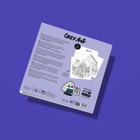 Back of the OMY Cozy Art Tiny House coloring book, product information and preview of the pages