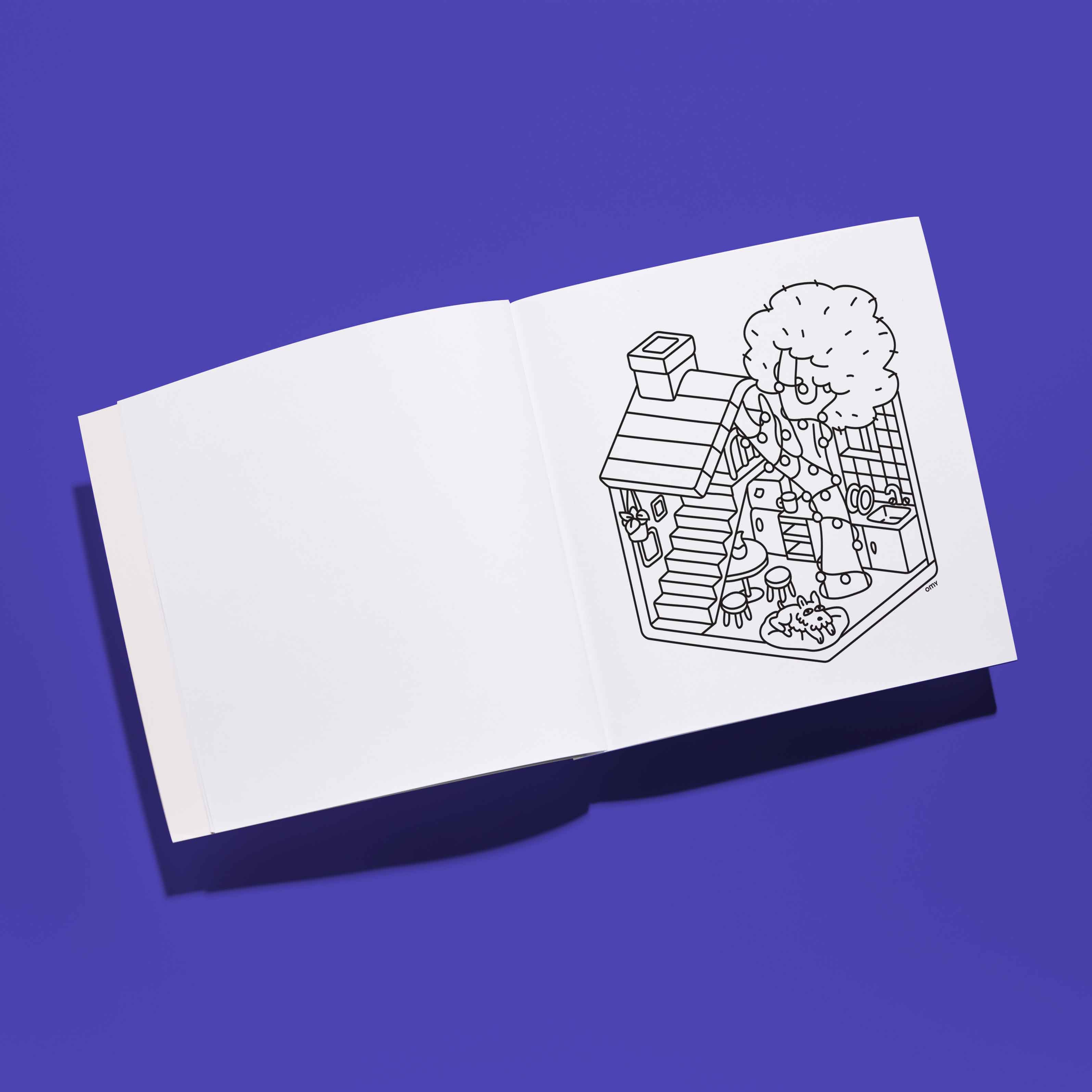 Cozy Art Tiny House coloring book open, cozy house illustration to color