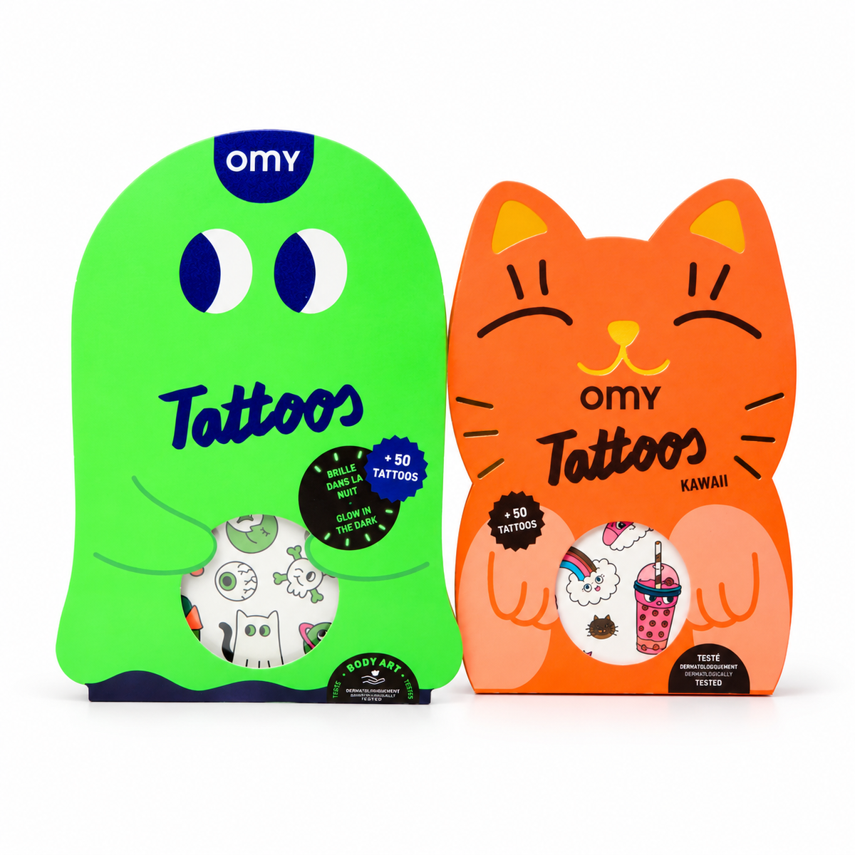 Sets de tatuajes temporales OMY: Tattoos fantasma verdes fosforescentes y Tattoos Kawaii gato naranja, +50 tatuajes cada uno