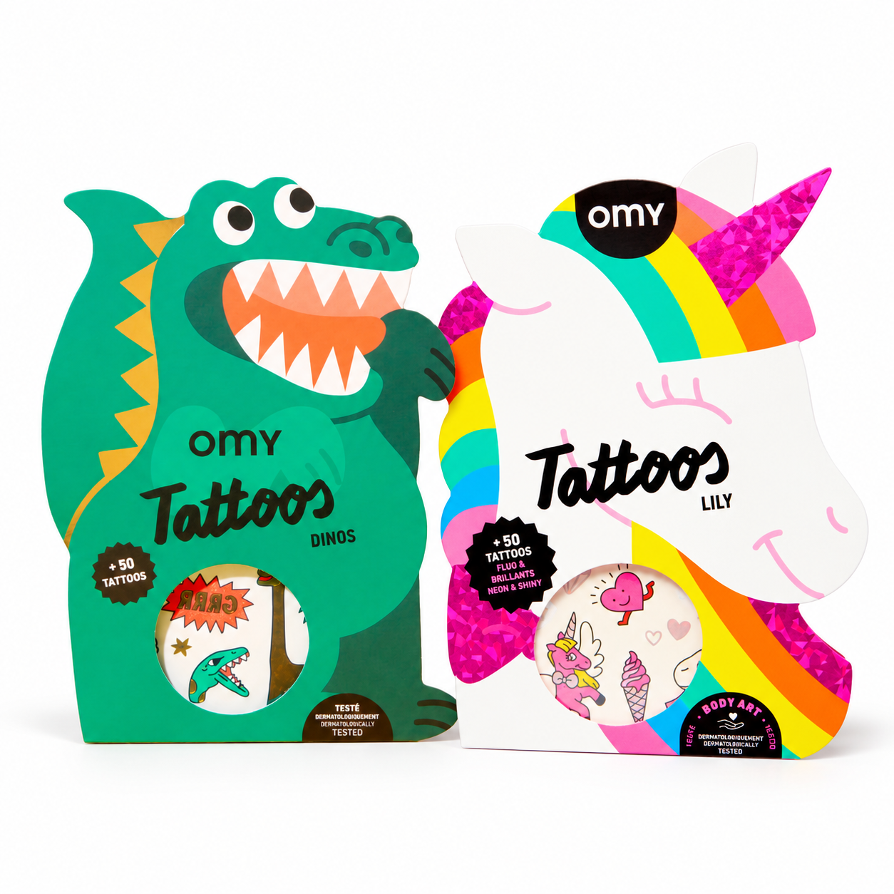 Coffrets de tatouages éphémères OMY : Tattoos Dinos en forme de dinosaure vert et Tattoos Lily licorne arc-en-ciel, +50 tattoos chacun