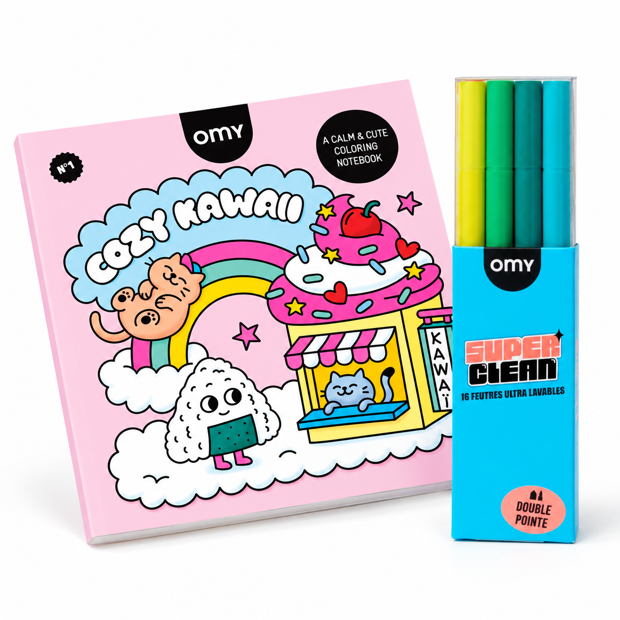 Cahier de coloriage OMY Cozy Kawaii n°1 et boîte de 16 feutres ultra lavables double pointe Super Clean