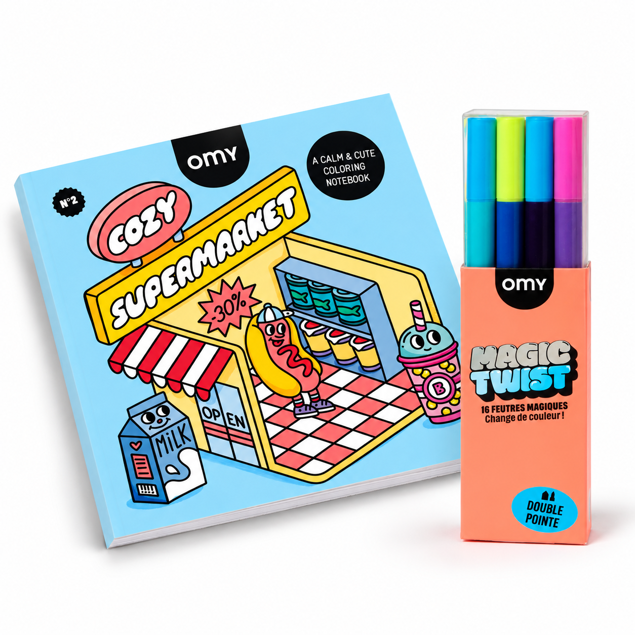 Cahier de coloriage OMY Cozy Supermarket n°2 et boîte de 16 feutres magiques qui changent de couleur Magic Twist
