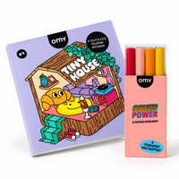 Cahier de coloriage OMY Tiny House n°5 et boîte de 12 feutres acryliques Brush Power