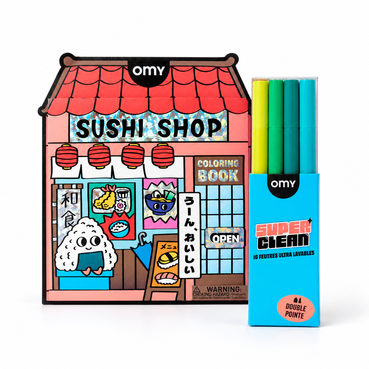 Livre de coloriage OMY Sushi Shop en forme de restaurant japonais et boîte de 16 feutres ultra lavables double pointe Super Clean