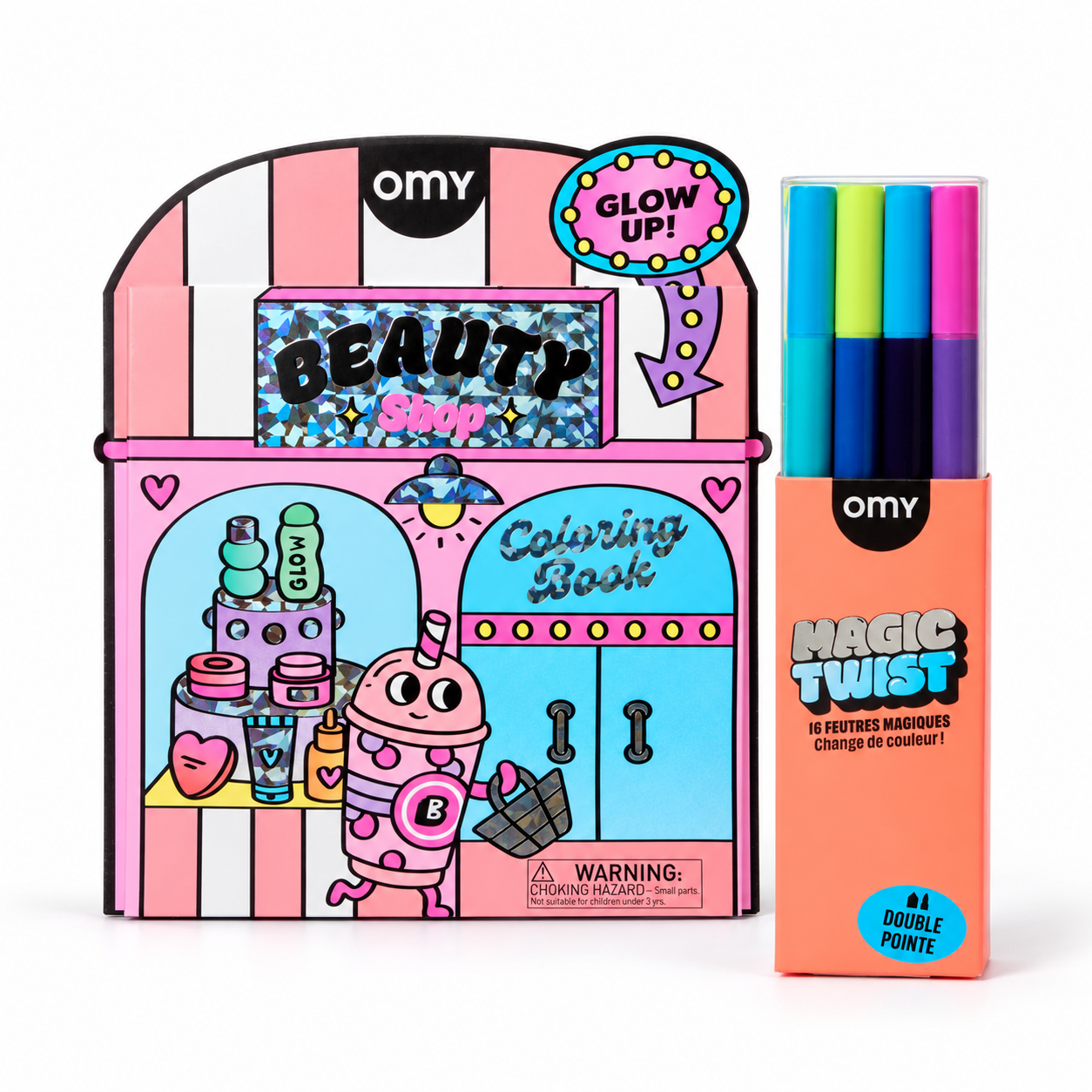 Livre de coloriage OMY Beauty Shop en forme de boutique et boîte de 16 feutres magiques qui changent de couleur Magic Twist