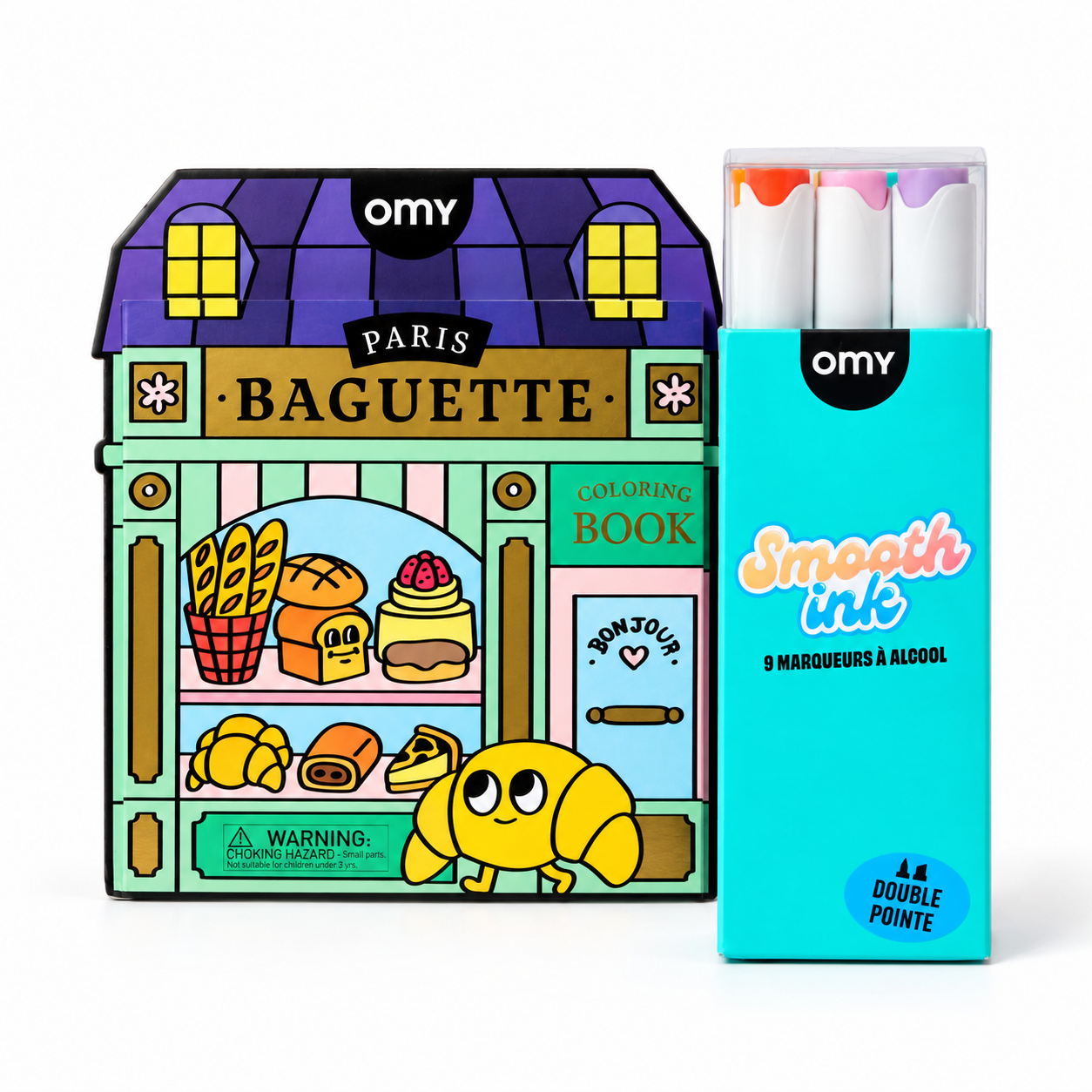 Livre de coloriage OMY Paris Baguette en forme de boulangerie et boîte de 9 marqueurs à alcool double pointe Smooth Ink
