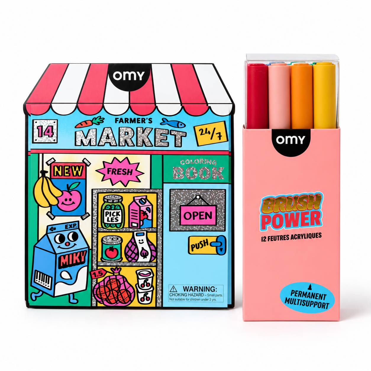 Livre de coloriage OMY Farmer's Market en forme d'épicerie et boîte de 12 feutres acryliques Brush Power