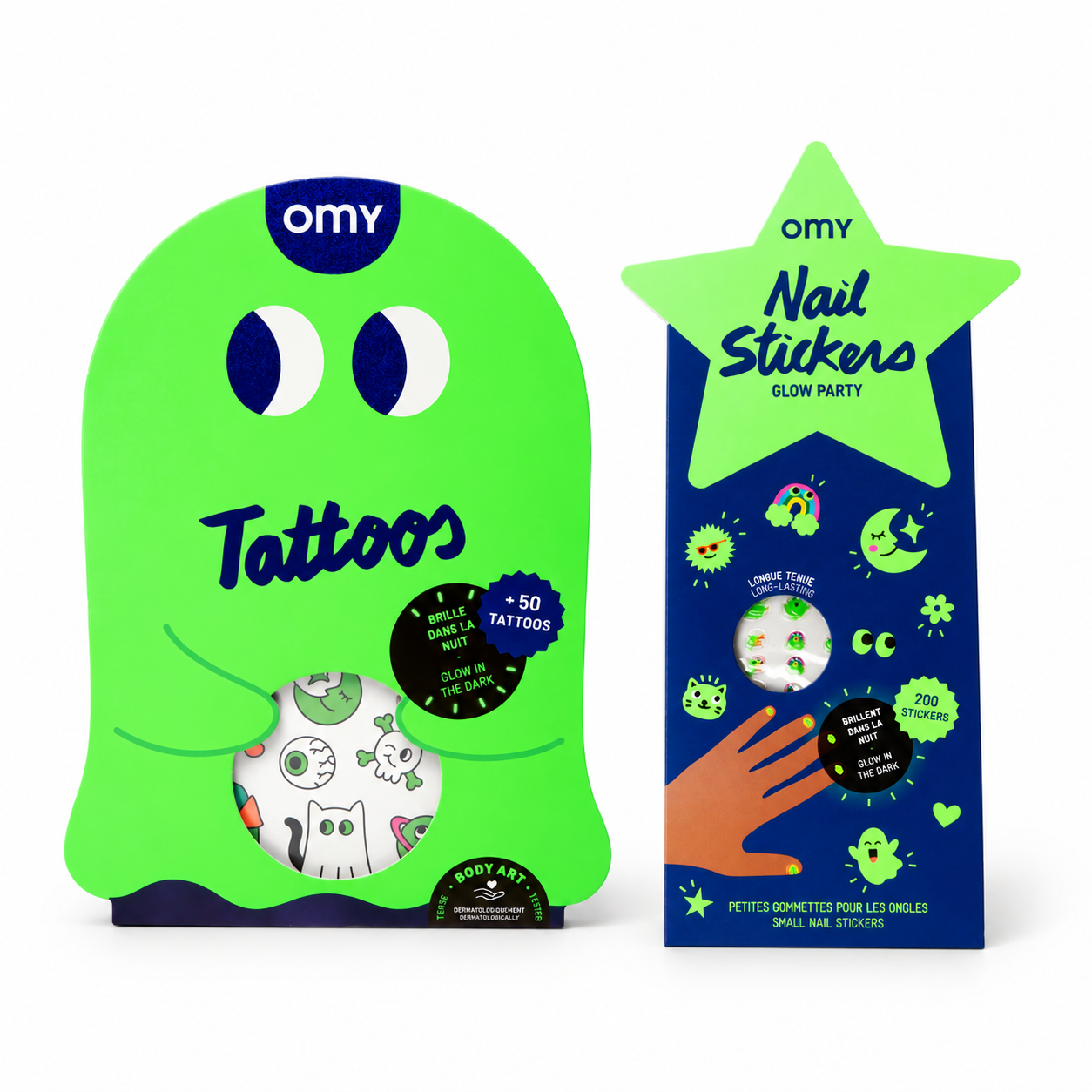 OMY Tattoo-Set Ghost in leuchtendem Grün (+50 Tattoos) und Nail Stickers Glow Party (200 Sticker), leuchten im Dunkeln