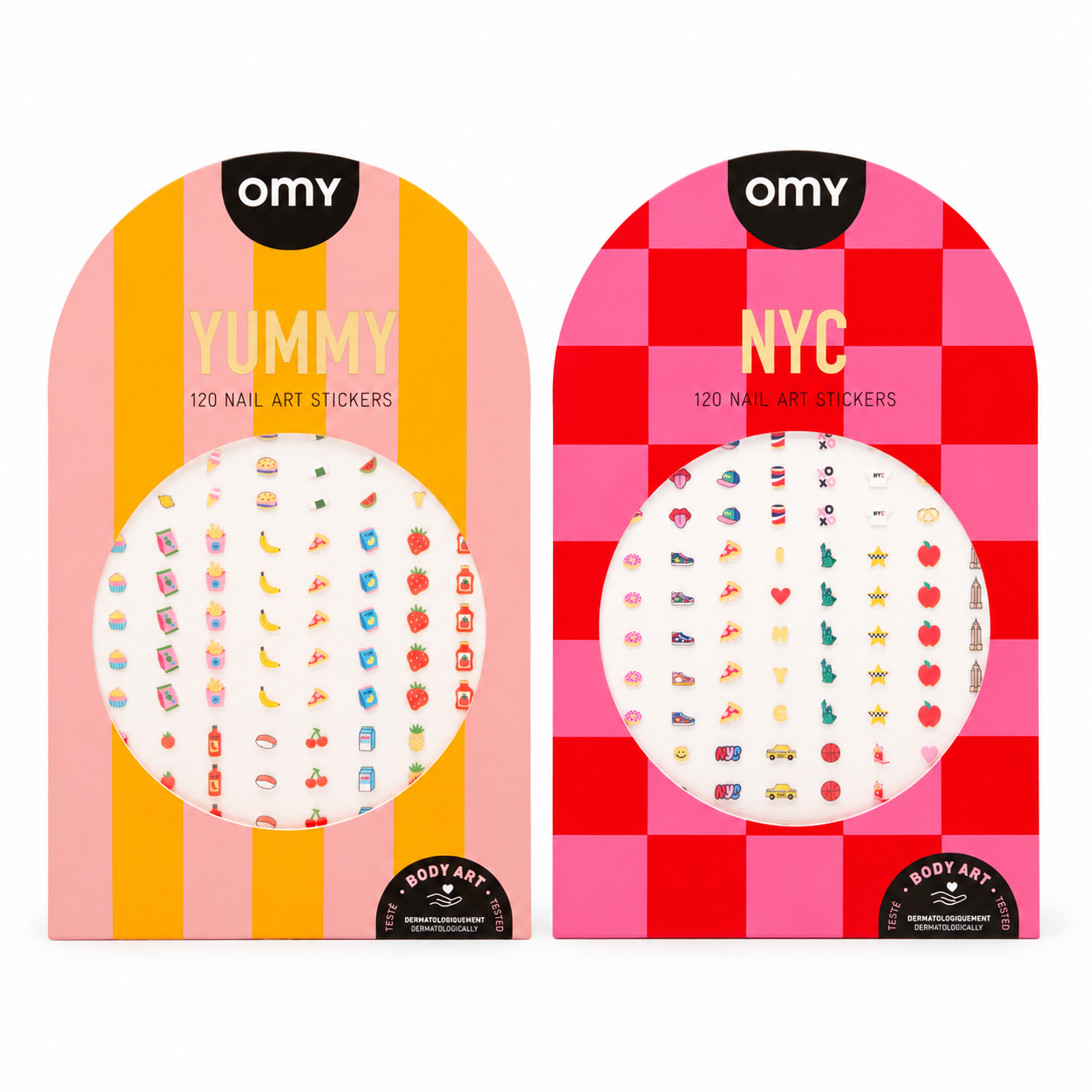 Stickers pour ongles OMY : planches Yummy (motifs gourmands) et NYC (motifs New York), 120 nail art stickers chacune